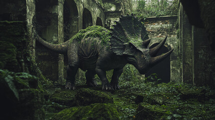 Fototapeta premium Triceratops in Overgrown Ruins: A Prehistoric Encounter