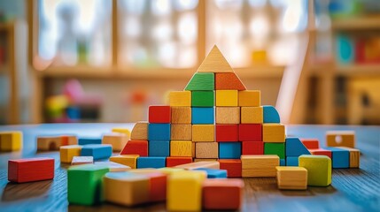 A vibrant array of wooden blocks is scattered across a table, featuring a newly constructed pyramid in a warm, child-friendly environment.