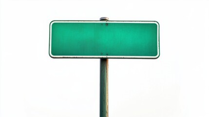 Empty blank green road sign on a sturdy metal pole isolated on white background
