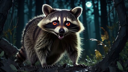 Obraz premium Raccoon with glowing eyes scavenging at night in a moonlit forest