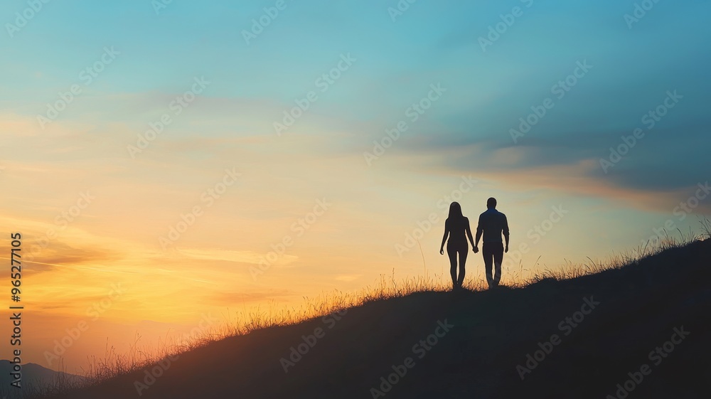 Wall mural panorama view of couple holding hands on hiking hill, silhouette - ai