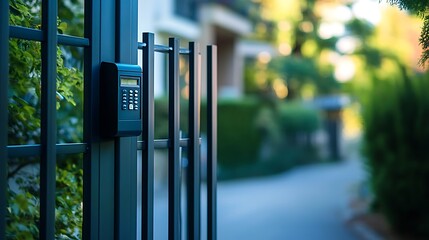 A close-up shot of a keypad on a black metal gate. The gate is surrounded by greenery, suggesting a residential or commercial property.