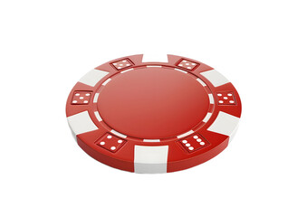 Red poker chip with white markings, casino and gambling concept. Isolated on a transparent background