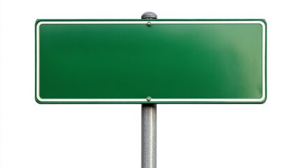 Empty blank green road sign on a sturdy metal pole isolated on white background