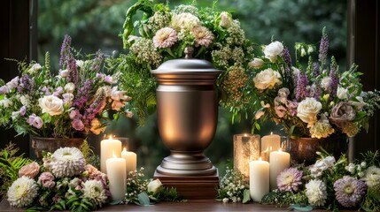 Polished cremation urn resting on a pedestal, encircled by dignified funeral blooms, gentle candlelight, and subdued memorial ornaments, creating a serene environment.