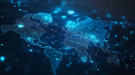 Abstract global network concept with a glowing world map and connecting lines on a dark background.
