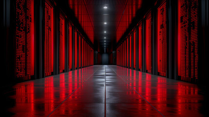 Fototapeta premium Red Neon-Lit Data Center Hallway with Reflective Floor..