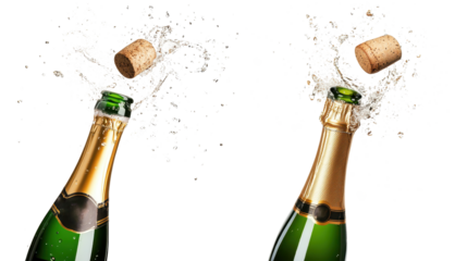 champagne splashing out of bottle isolated on a transparent background