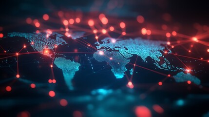 Abstract global network concept with a glowing world map and connecting lines on a dark background.