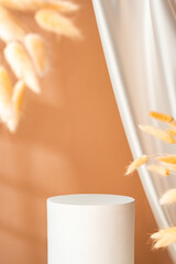 Minimalist arrangement with a white vase and dried grass against a soft peach wall in natural light