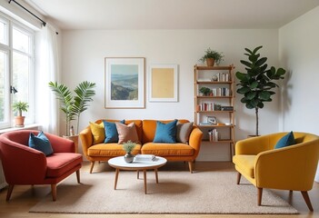 Mid century, scandinavian interior design of modern living room with colorful multicolored furniture