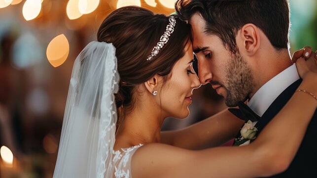 Candid moment of newlyweds whispering to each other during the reception