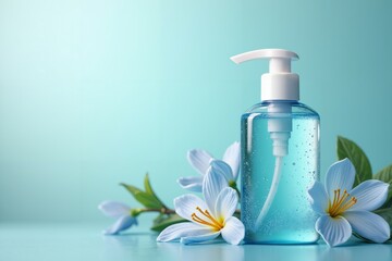 Blue Hand Sanitizer Bottle With Flowers on Turquoise Background, product shooting,