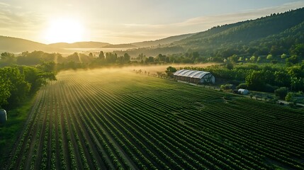 Obraz premium Aerial View of Sustainable Farm With Lush Green Fields at Sunrise