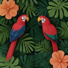 Fototapeta premium Enchanting of Lush Tropical Rainforest with Exotic Birds and Plants, Selective Focus Copy Space for Text,