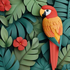Fototapeta premium Lush Tropical Rainforest Digital Painting with Exotic Birds and Plants Copy Space - Environment