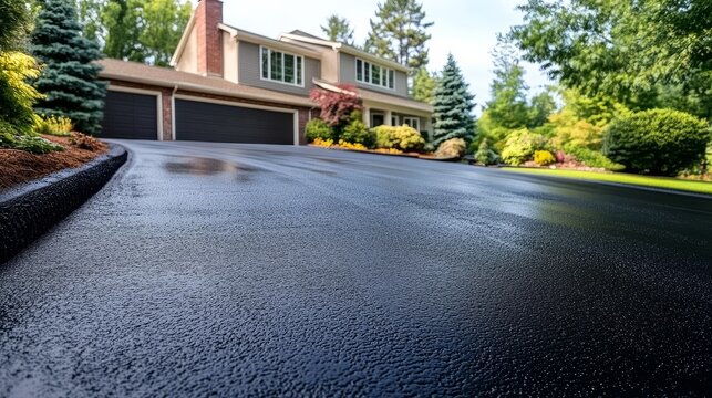 The freshly coated surface reflects light, enhancing the driveway's appearance.