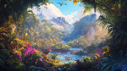 Vibrant Jungle Landscape With Waterfall and Lush Foliage