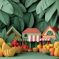 Vibrant Tropical Marketplace with Fruits and Crafts - Perfect for Copy Space - Quality