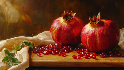 Two red pomegranates with seeds on wooden plate. Created with Ai