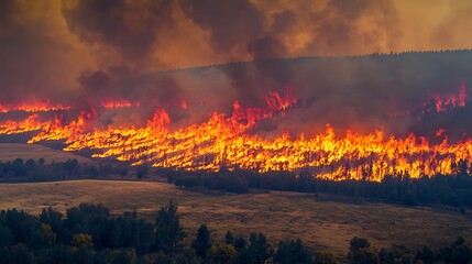 A horizon ablaze with wildfires stretching across a dry forest, representing the catastrophic increase in fire incidents fueled by changing climate conditions and dry weather.