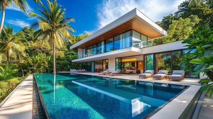 Fototapeta premium Opulent villa design showcasing a radiant swimming pool, surrounded by dense greenery and palm trees against a backdrop of clear azure sky.