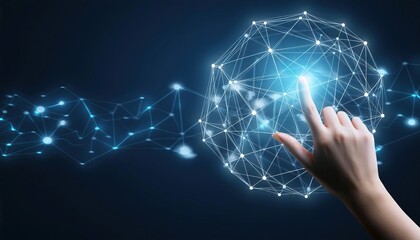  A human finger touching a network of glowing digital connections on a dark background, illustrating the concept of connectivity