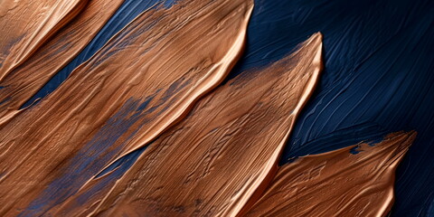 Rose gold brushstrokes on a navy blue canvas, abstract, metallic sheen