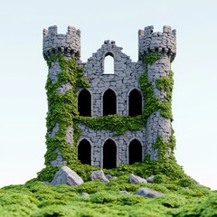 Fototapeta premium Eerie Ruined Castle with Ivy-Covered Walls in for Copy Space Concept.