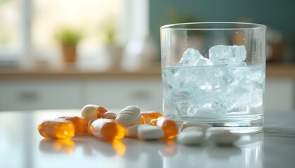 Close-up of colorful pills next to a glass of water, with a soft blurred background, captured in gentle indoor light. This image symbolizes the treatment process and the fight against illness