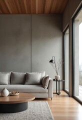 Japandi, minimalist, loft interior design of modern living room with concrete wall