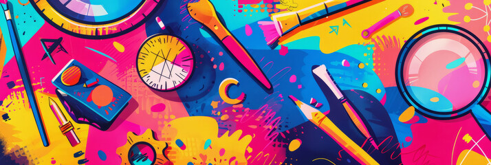 shiny background,abstract shapes,protractors, magnifying glasses and brushes,