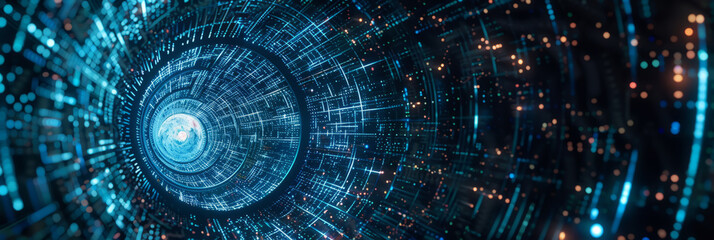 Conceptual cluster, a swirling vortex of data streams merging into a central core of interconnected nodes.