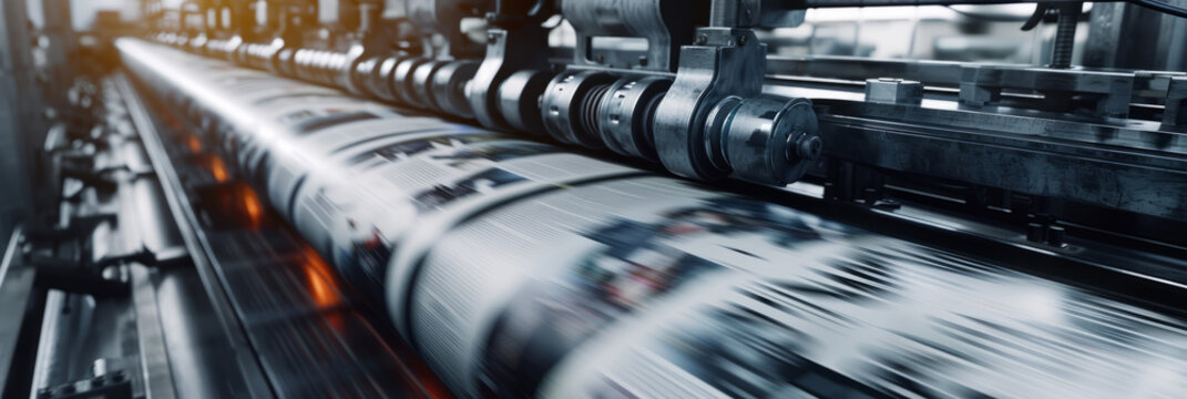 A printing press rapidly churning out newspapers, with the machinery's rhythmic motions creating a hypnotic effect