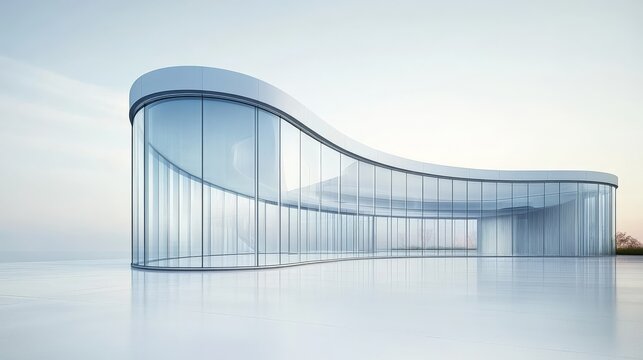 The sleek white cement floor enhances the striking curvature of the standalone glass building, set against an immaculate white background that radiates minimalist sophistication.