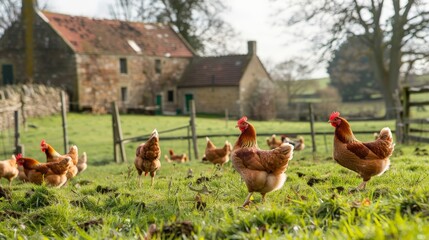 Chickens pecking around a traditional farmyard