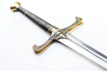 The sword features a finely crafted hilt and blade, highlighting its detailed design and unique craftsmanship against a stark white background. Generative AI