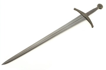 A sleek and elegant medieval sword lies horizontally on a white background, showcasing its craftsmanship and historical significance. Generative AI