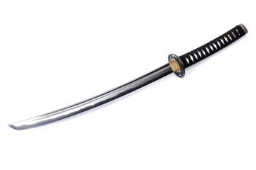 The traditional sword features a polished curved blade with a textured handle, resting on a pristine white surface, showcasing its elegant craftsmanship and design. Generative AI