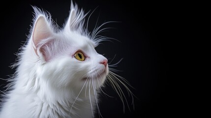 A surprised white cat gazes intently with wide yellow eyes against a black background, creating an ideal canvas for personalized messages