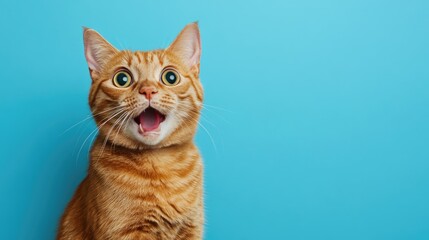 Obraz premium This adorable ginger cat looks completely shocked with wide eyes, contrasting beautifully against a blue background that allows for text inclusion