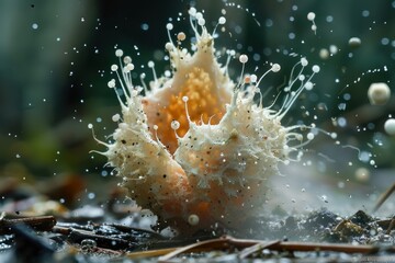 Spore Capsule: A detailed image of a spore capsule bursting open to release spores, demonstrating the explosive dispersal method of some fungi.