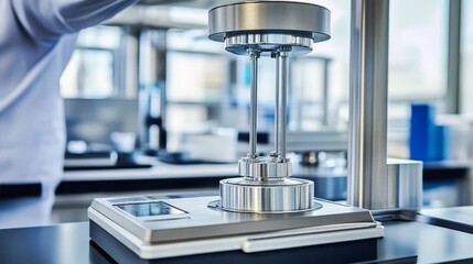 A precision analytical balance displays a steel calibration weight being meticulously positioned for accurate quality control assessments.