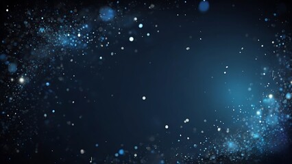 Bokeh style abstract backdrop with dark blurry blue theme in background and white particles in foreground 