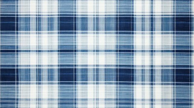 Blue plaid fabric pattern characterized by sharp white and navy blue stripes on a light blue backdrop with intricate texture.