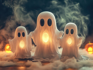 Spooky ghost decorations create whimsical atmosphere for Halloween. These playful ghosts, illuminated from within, add charming touch to any festive setting