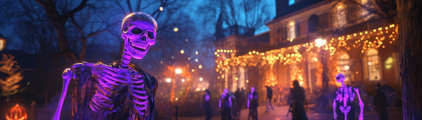 Obraz premium A vibrant Halloween scene featuring glow in dark skeletons in creative costumes, surrounded by festive lights and decorations. atmosphere is spooky yet playful, perfect for celebrating holiday