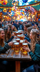 Obraz premium people sitting down in traditional Bavarian costumes and drinking beer at a table. AI generative.