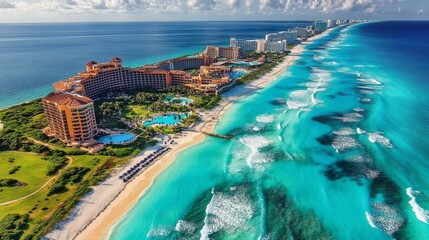 Fototapeta premium Gorgeous overhead shot of opulent hotels and unspoiled beaches framing the vibrant turquoise coastline of Cancun's Hotel Zone.
