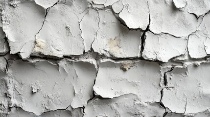 Obraz premium Close-Up Abstract Background of a White Cracked Wall with Peeling Paint in Black and Gray Tones, Representing the Concept of Dry Skin or Cosmetics for Dry Skin Care